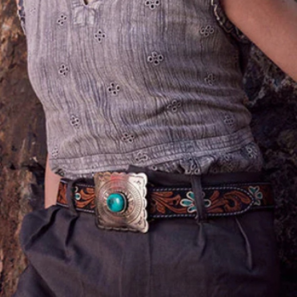 NWT Myra Western Hand Tooled Leather Belt w/ Hair On Hide & Turquoise Accents - Picture 6 of 15